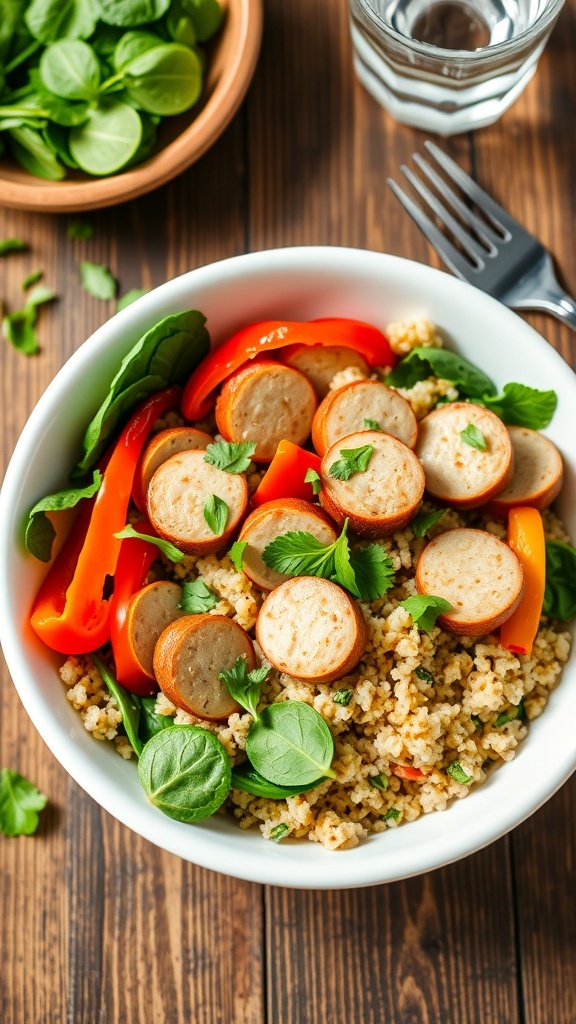 A colorful quinoa bowl with chicken sausage, bell peppers, and spinach, garnished with parsley on a wooden table.